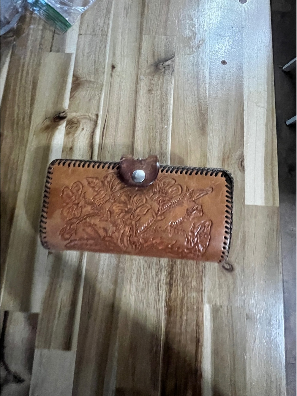 Vintage 1970s Hand Tooled Leather Wallet Clutch Western Floral Double Kiss Lock